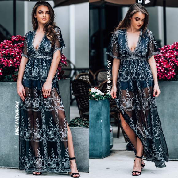 Pants - Lace Shell Charcoal Maxi Romper